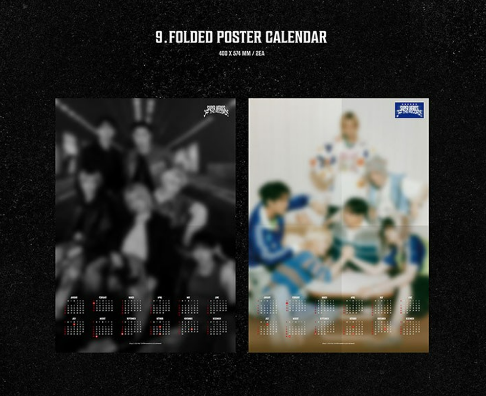 jstore_online_P1HARMONY_2026_SEASONS_GREETINGS_SUPER_HEROS_OFF_THE_RECORDS_folded_poster_calendar